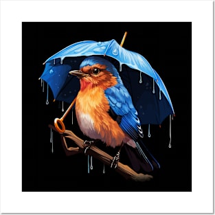 Eastern Bluebird Rainy Day With Umbrella Posters and Art